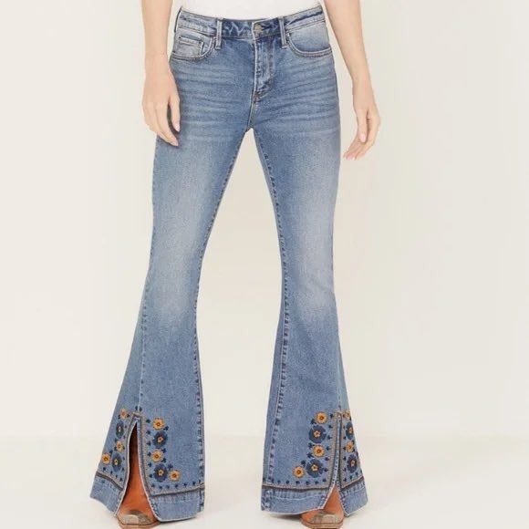 DRIFTWOOD Denim - Driftwood x Free People Farrah Jean Denim Embroidered Floral Flare Leg Boho Sz26